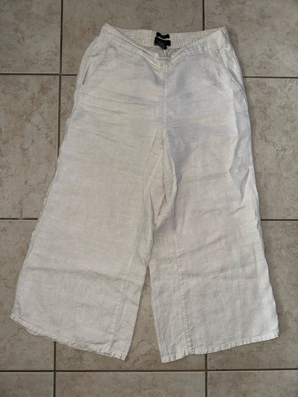 Tahari 100% Linen Wide Leg Cropped Pants Beige Women’s Medium
